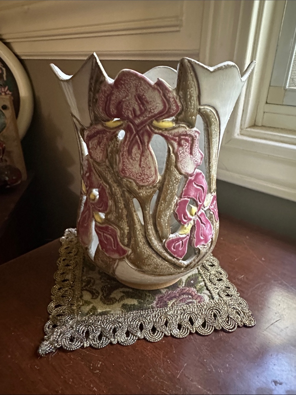 J Davis Studio Art pottery votive candle vase with Art Nouveau irises, signed